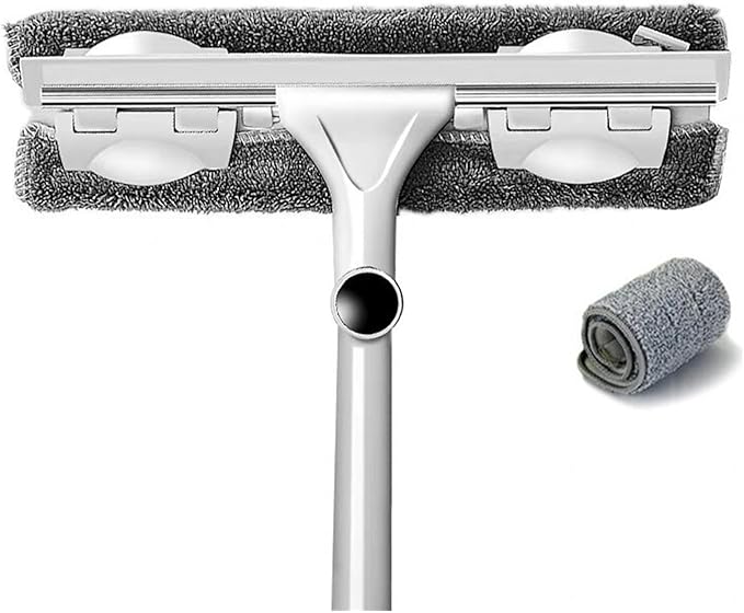Glass Cleaning Mop Telescopic Rod Window Tools Windows Wiper Long Handle Washing Brush Cleaner Products For Home(Gray 1 mop 2 cloth)