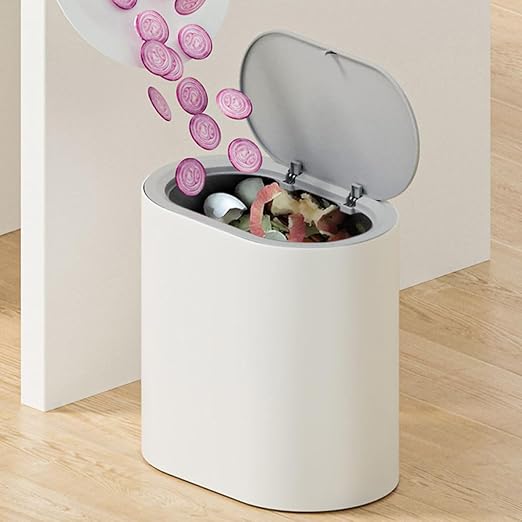 8l Large Capacity Trash Can with Press Lid Grey-White Plastic Wastebasket for Bathroom Kitchen Bedroom Narrow Space Use