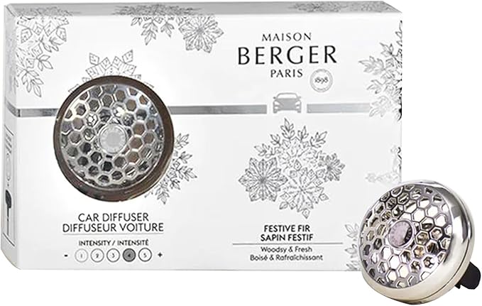 Maison Berger Car Diffuser Set – Refillable Vent Clip Ceramic Refill Made in France - Luxury Auto Scent - 4-Week Diffusion - Elegant Air Freshener for All Car Vents (Festive Fir)