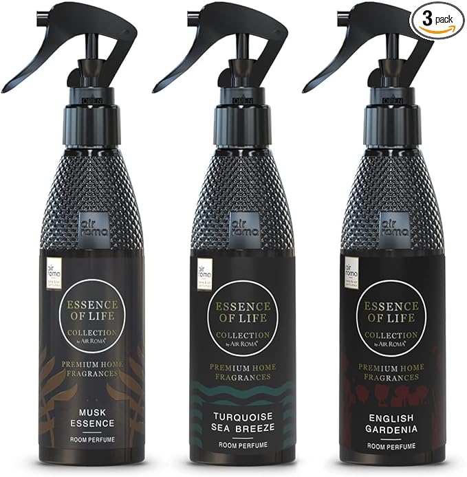 AaIrR-RrOMmAa Premium Air Freshener - Musk Essence Turquoise Sea Breeze &amp English Garden Pack Of 3 (200 Ml Each) | Long-Lasting Fragrance | For Home Office Hotel Rooms &amp Toilet