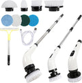 Rechargeable Electric Spin Scrubber Waterproof Power Cleaner with 7 Brush Heads1 Window Squeegee2 Speeds Adjustable Long Handle for Bathroom Floor Shower Tile &amp Kitchen Cleaning (White)