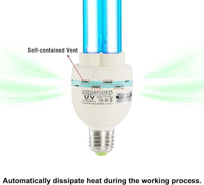 36 Watts Ozone UVC Light Bulb 185nm wavelength UV Lamp for Basement/Storehouse/Car E26 110V CTUV-36 (with Ozone)