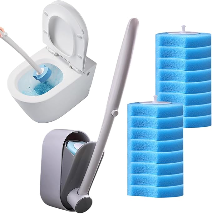 Wall Mounted Toilet Brush - Sponge Toilet Scrubber Kit Refillable Cleaner | Replaceable Head Anti Rust Stain Remover Product for Toilets Bowl Bathroom Cleaning 16 Refill Pads Hygienic Sanitation