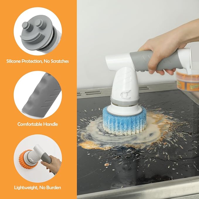 LANMU Electric Scrubber Sponge Wand Compatible with Scrub Daddy/Mommy Sponges Cordless Power Spin Brush with Comfortable Handle 5 Replaceable Heads for Cleaning Oven Stove Sink Shower Bathtub