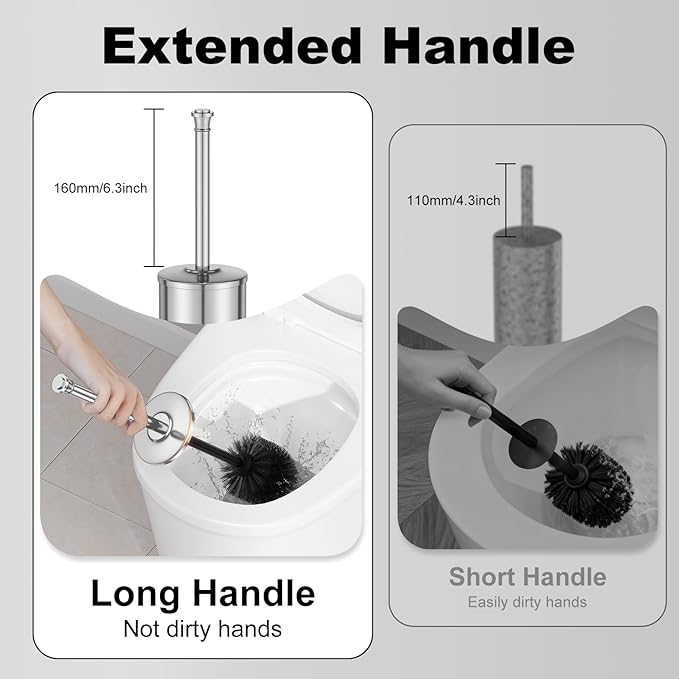 Silver Toilet Brush and HolderLong Handled Gold Toilet Brush for BathroomStainless Steel Heavy Duty Toilet Bowl BrushRemovable Inner BowlDeep Cleaning Dense Bristles Cleaner Brush -Space Saving