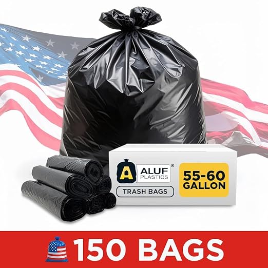 Aluf Plastics 55-60 Gallon Trash Bags Source Reduction Series Value High Density 22 Micron (equiv) Intended for Home Office Bathroom Paper Styrofoam (Pack of 150)