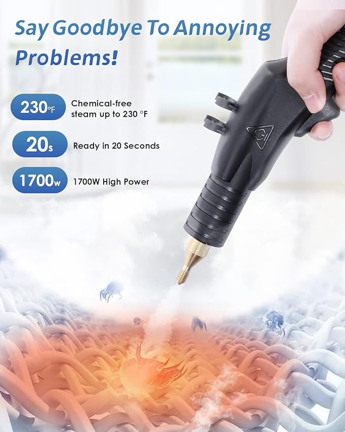 High Pressure Steam Cleaner 1700W High Temp Portable Steamer Machine for Cleaning Tankless and Heavy Duty for Commercial Home Use Grout Tile Kitchen Bathroom Car Detailing