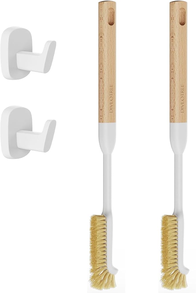Cleaning Brush Diveotree Hard Bristle Brush for Deep Cleaning Grout Sink Cup Teapot Bottle Blender Multi-Purpose Brush wih Long Handle for Kitchen (White-2Pack)