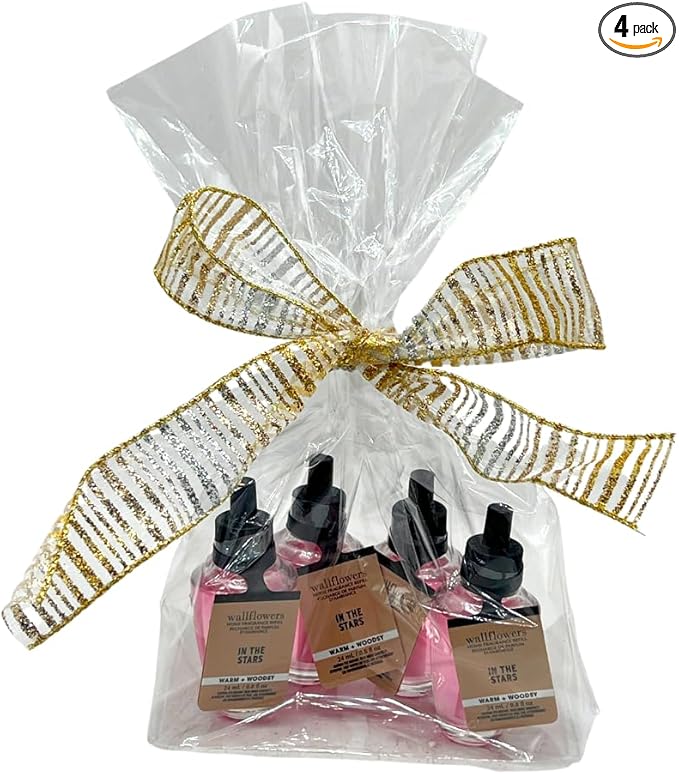 Bath &amp Body Works IN THE STARS Wallflowers Refills 4-Pack – Gift Set with 30-Inch Metallic Gold &amp Silver Striped Ribbon Bow for Holidays – 0.8 fl oz Each