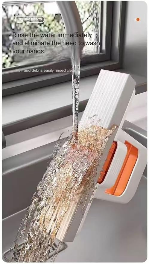 Foldable Push-Pull Cleaning Mop White and Orange Dual-Use Floor Cleaner with Wall Mount One-Handed Operation Space-Saving Design