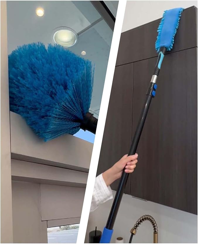 25 Foot Painted Wall Cleaner Mop with 18 Ft Heavy Duty Extension Pole 3-in-1 High Ceiling Cleaning Tool with 4 Microfiber Chenille Pad Cobweb Duster Fan Baseboard Window Squeegee Kit (18ft)
