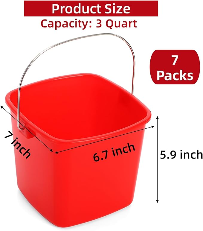 SOUJOY 7 Pack 3 Quart Cleaning Bucket Plastic Small Sanitizing Bucket with Handle Multi-Purpose Mini Square Pails for Kitchen School Offices Household and Commercial Use Red