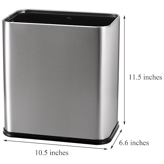 Coloch Small Metal Trash Can 2.6 Gallon(10L) Slim Size Wastebasket for Narrow Spaces Stainless Steel Garbage Bin Silver Invisi-Overlap Open Top Rubbish Bin for Bedroom Bedroom Toilet Undersink