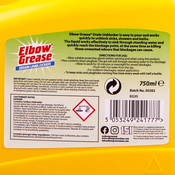 Elbow Grease Drain/Sink Unblocker - Heavy Duty Cleaner- Quickly and Easily Remove Sinks Baths Showers Blockage – All-in-One Drain Unblocking Kit(Elbow Grease Drain Unblocker Liquid-PK03)