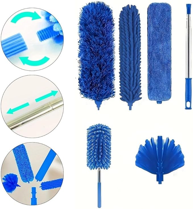 6pcs Telescopic Duster Set Extendable to 213cm Microfibre Mop with Hook High Ceilings and Cobwebs Washable Cleaning Brush Kit Blue