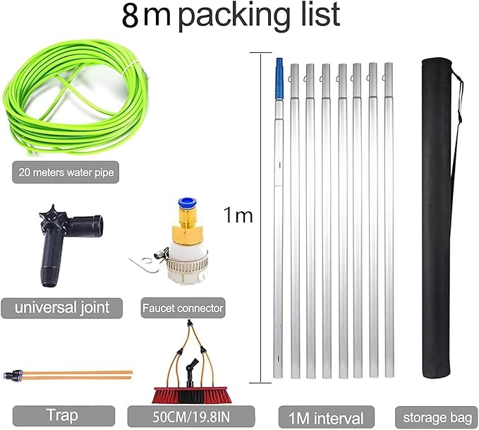 26ft Window Cleaning Pole Hose Fed Water fed Telescopic Extendable Solar Panel Conservatory Brush Equipment Kit8m Rod 50cm Brush Head