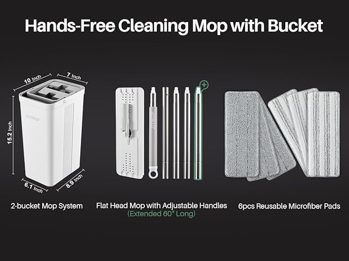 JOYMOOP Mop and Bucket Set with Wringer Flat Mops for Floor Cleaning Wall Mop Cleaner with Long Handle Hardwood Floor Mop with 6 Microfiber Pads