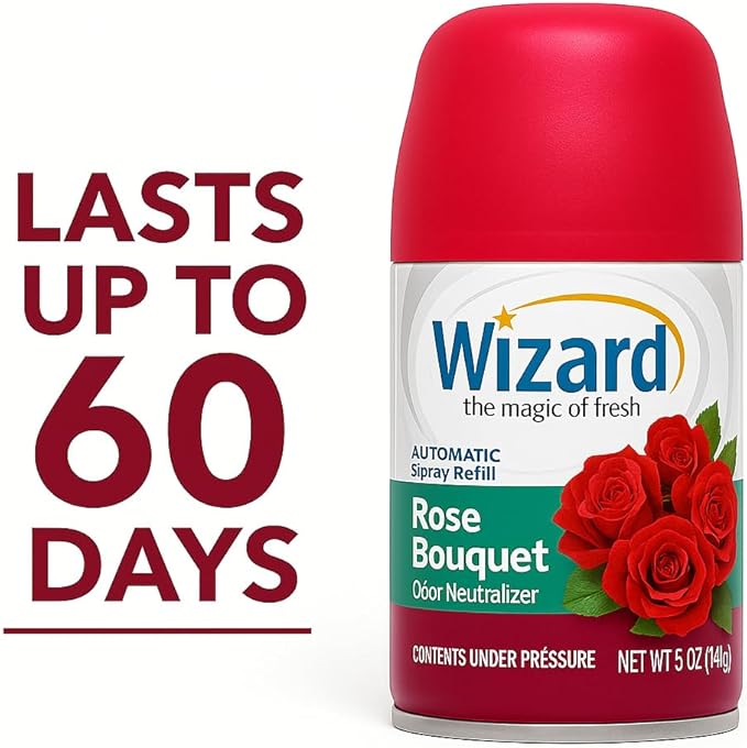 Wizard Automatic Spray Refill – Rose Bouquet 5 oz (12 Pack) | Compatible with Air Wick Freshmatic &amp Glade Dispensers | Long Lasting Odor Neutralizer for Home &amp Office