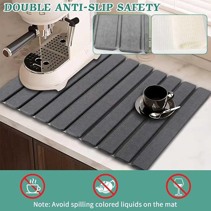 Stone Dish Drying Mat for Kitchen Counter 24''×15'' Dishes Drying Matt Kitchen Counter Absorbent Diatomaceous Earth Bath Quick Dry Mats for Tableware Bottles and Cup (Dark Grey)