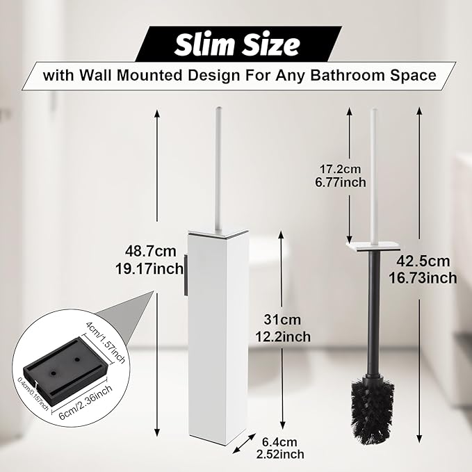BGL Toilet Brush and Holder Set White Wall Mounted for Bathroom Square Design