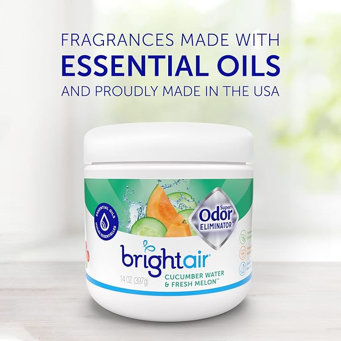 Bright Air 14 oz. Super Odor Eliminator For Medium-Size Spaces Cucumber Water &amp Fresh Melon Scent Case of 6 Odor Eliminator &amp Air Freshener Natural Essential Oils Lasts Up to 90 Days Eac