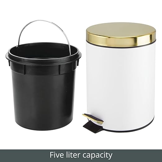 mDesign Pedal Bin — Metal Waste Bin with Pedal Lid and Plastic Bucket Insert — Perfect for Bathroom Kitchen and Office — Household Rubbish Bin with Ergonomic Design — White/Gold