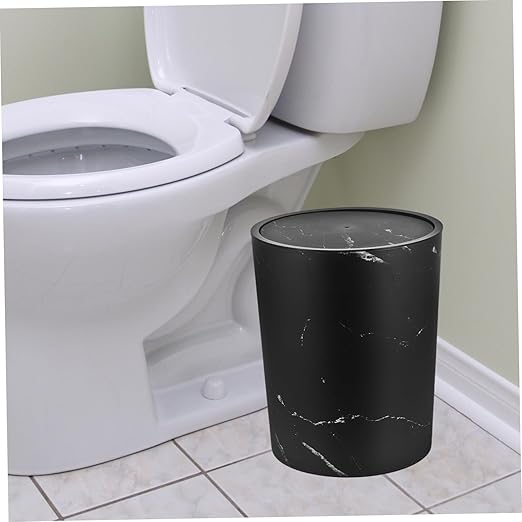 Marble Pattern Bathroom Trash Can with Lid Large Capacity Plastic Waste Bin for Home and Office Round Lift-Top Wastebasket for Kitchen and Bathroom Use