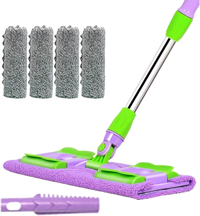 Floor Mop – Adjustable Cleaning Wand Reusable Pad System | 38x15cm Compact Frame with Swivel Mechanism Flexible Washable for Garage Patio Shower Corners Vinyl Marble Living Room
