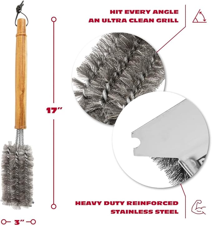 BBQ-AID All Angles BBQ Grill Brush for Outdoor Grill – Cleans All Angles Large Wooden Handle and Stainless Steel Bristles - BBQ Brush for Grill Cleaning – Grill Cleaner Brush Safe for BBQ and Grill