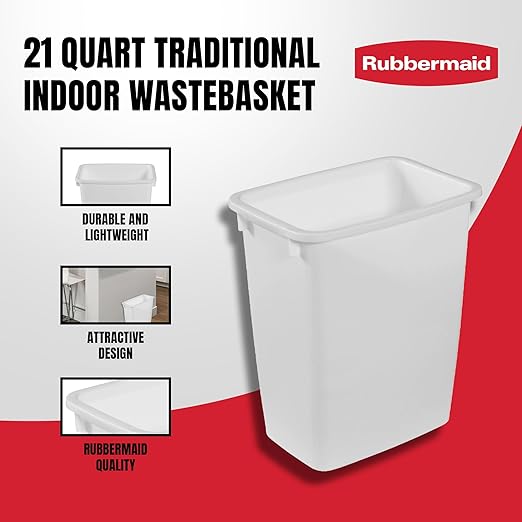 Rubbermaid 2 Pack Traditional Open Top Waste Basket Indoor Trash Bin Container for Bathrooms Kitchens and Home Office 21 Quart White