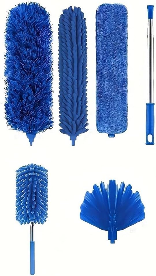 6pcs Telescopic Duster Set Extendable to 213cm Microfibre Mop with Hook High Ceilings and Cobwebs Washable Cleaning Brush Kit Blue