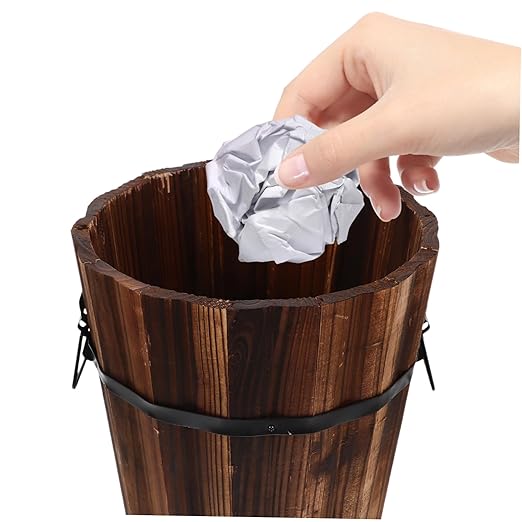 NUOBESTY Rustic Wooden Trash Can Sized Waste Basket with Handle for Bedroom Living Room Office Versatile Storage for Home
