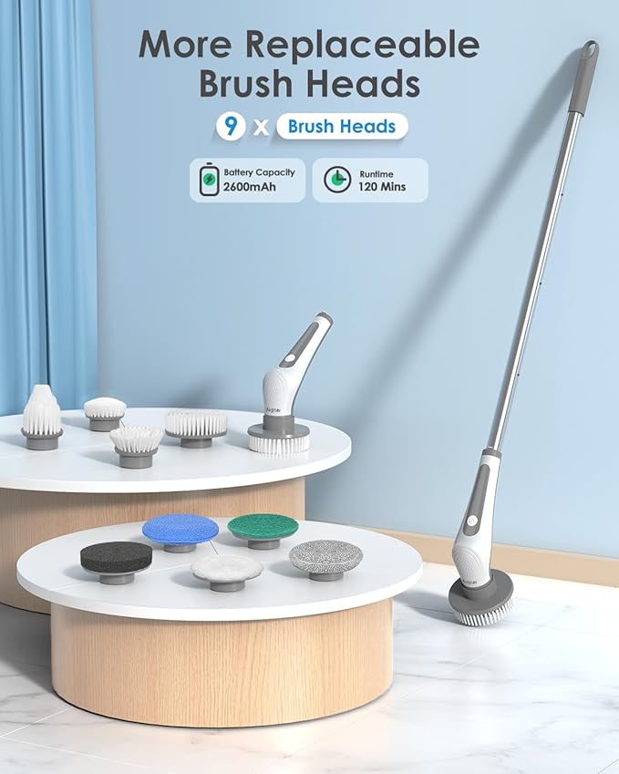 Electric Spin Scrubber 10 in 1 Airpher Cordless Cleaning Brush IPX8 with 9 Replaceable Brush Heads and 4 Tier Removable Handle Power Shower Scrubber for Bathroom Tub Tile Floor Kitchen Window