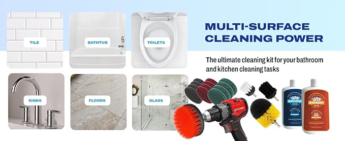 Complete Hard Water Stain Drill Cleaning Kit – 20 Piece Diamond Shine Set with Drill Brushes Bucket &amp lid Scouring Pads &amp Cleaner for Tile Bathroom Hard Water Shower Glass &amp Chrome