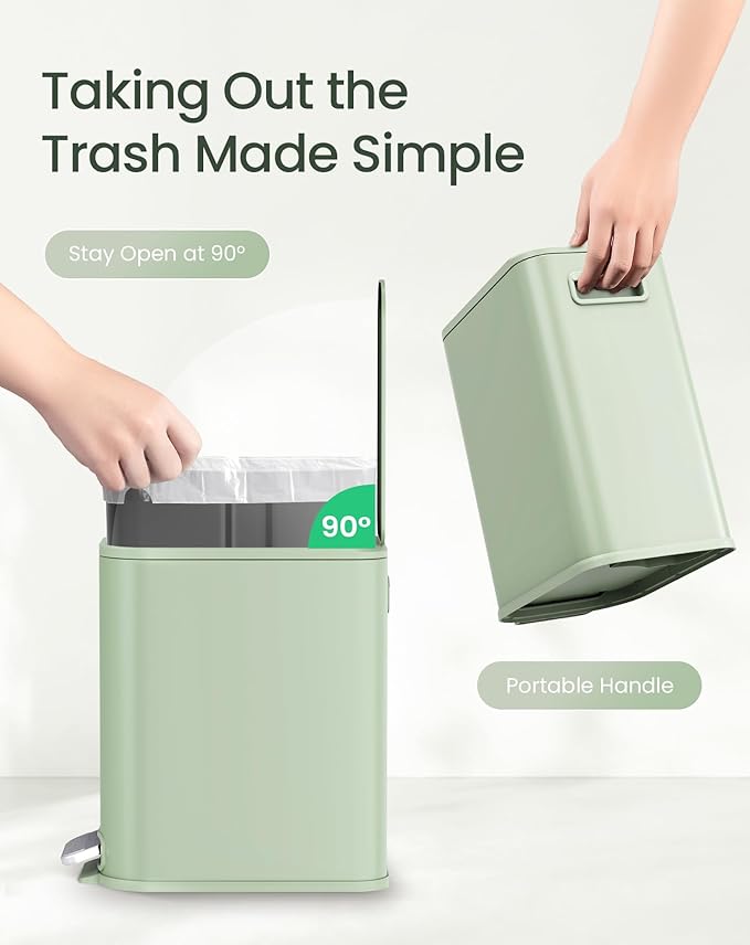 Cesun Small Bathroom Trash Can with Lid Soft Close Step Pedal 5 Liter / 1.3 Gallon Stainless Steel Garbage Can with Removable Inner Bucket Waste Basket for Bathroom Bedroom (Green)