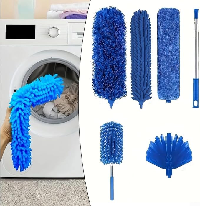 6pcs Telescopic Duster Set Extendable to 213cm Microfibre Mop with Hook High Ceilings and Cobwebs Washable Cleaning Brush Kit Blue