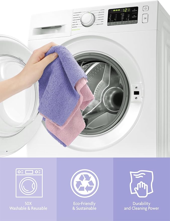 Fantasticlean Microfiber Cleaning Cloth Roll -150 Pack Tear Away Microfiber Towels 12 x 12 Reusable Washable Ultra Absorbent Dishcloth for All-Around Cleaning Supplies (Pink &amp Lavender)