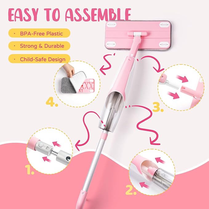 Kids Cleaning Toy SetPink Mini Spray Mop Montessori Toys Pretend Play Cleaning Tool for Toddlers with Spray Mop &amp Kids Broom Dustpan Set Cleaning Toys Gift for Toddlers Girls Boys Age 3+