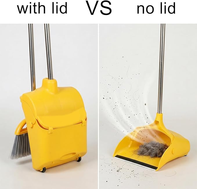Long Handle Heavy Duty Broom and Dustpan Set Outdoor and Commercial Upright Dustpan and Brush for Restaurant Garage Garden Yard Office Yellow