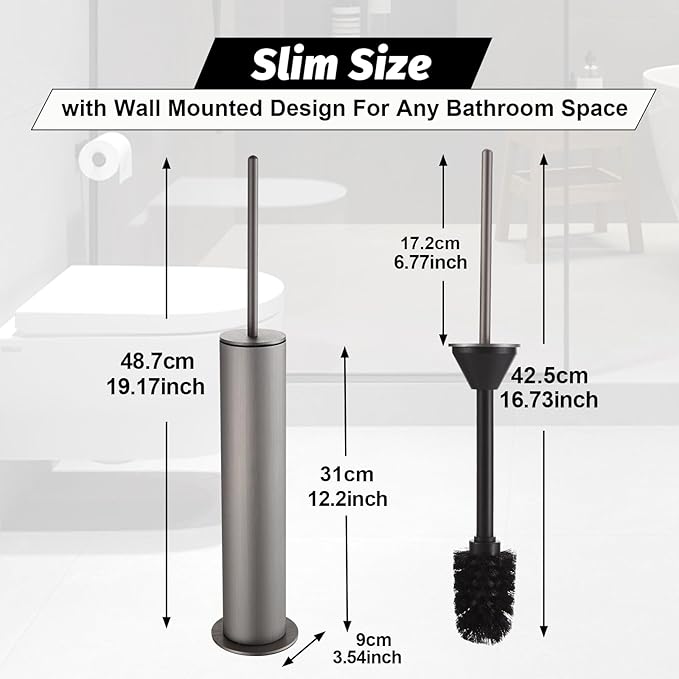 BGL Toilet Brush with Holder Set Brushed Nickel Aluminium Standing for Bathroom Toilet Bowl Cleaner Brush and Holder Set Round Design