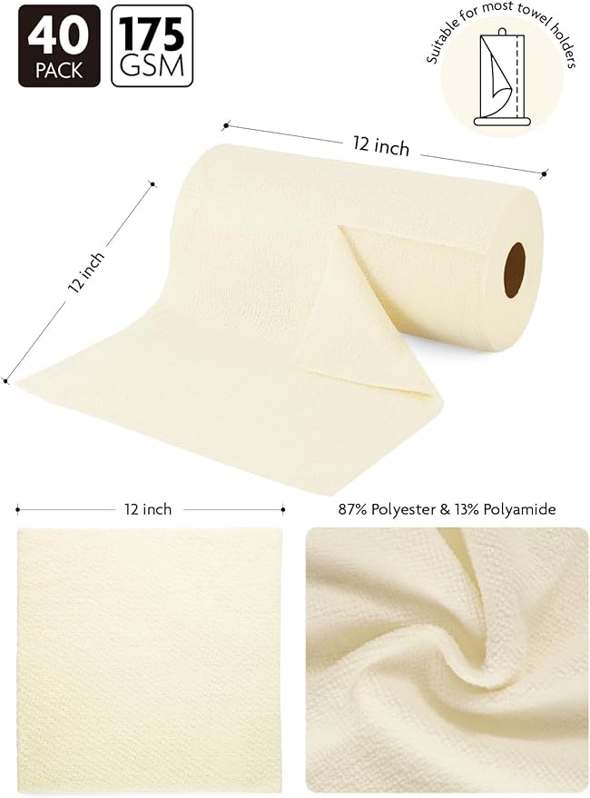 Fantasticlean Microfiber Cleaning Cloth Roll -40 Pack Tear Away Microfiber Towels 12 x 12 Reusable Washable Scratch Free Ultra Absorbent Dishcloth for All-Around Cleaning Supplies (Beige)