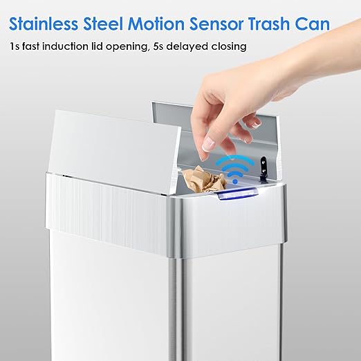 TLSUNNY 21.1 Gallon Automatic Trash Can Stainless Steel Motion Sensor Garbage bin Smart Trash Can W/Butterfly Lid Bag Retainer Ring and Display Light for Living RoomKitchenOffice (Silver 80L)