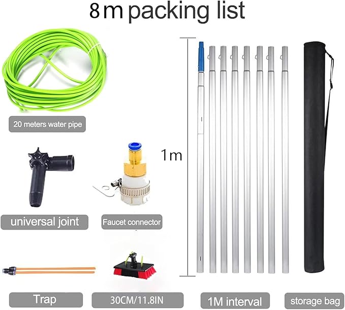 5m-12m Window Cleaning Pole Window Cleaner Kit Water/Hose Fed Pole Window Cleaning Brush Equipment Cleaning Photovoltaic and Solar Panels/ 8m Rod / 30cm Brush Head