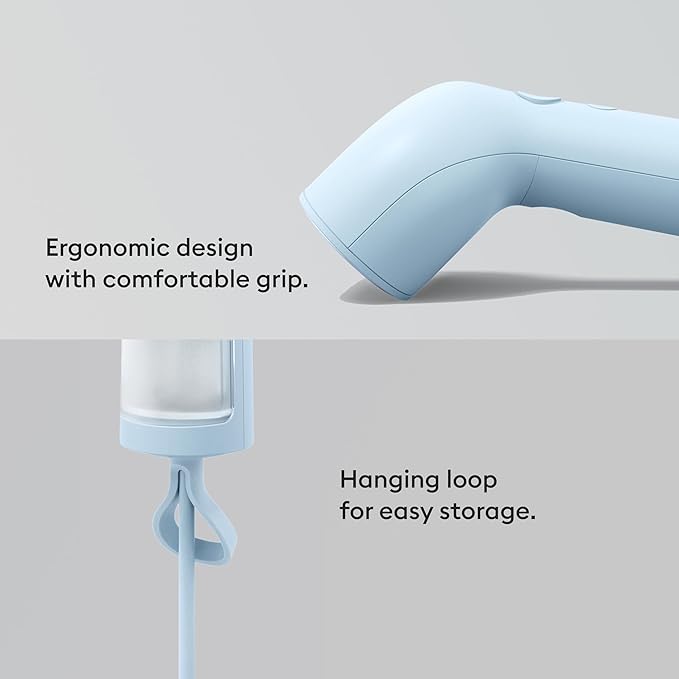 Steamery Handheld Clothes Steamer Cirrus Core 1350W Steam Output 0.74 oz/min Heat up in 15 Seconds Dry Steam Technology Hanging Loop Visible Water Tank Portable Scandinavian Design (Blue)