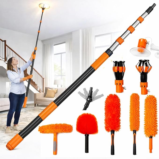 20FT Light Bulb Changer for High Ceilings 10PCS Extension Pole Kit with 360° Adjustable Bulb Grabber Ceiling Fan Duster &amp Window Cleaner No Ladder Needed