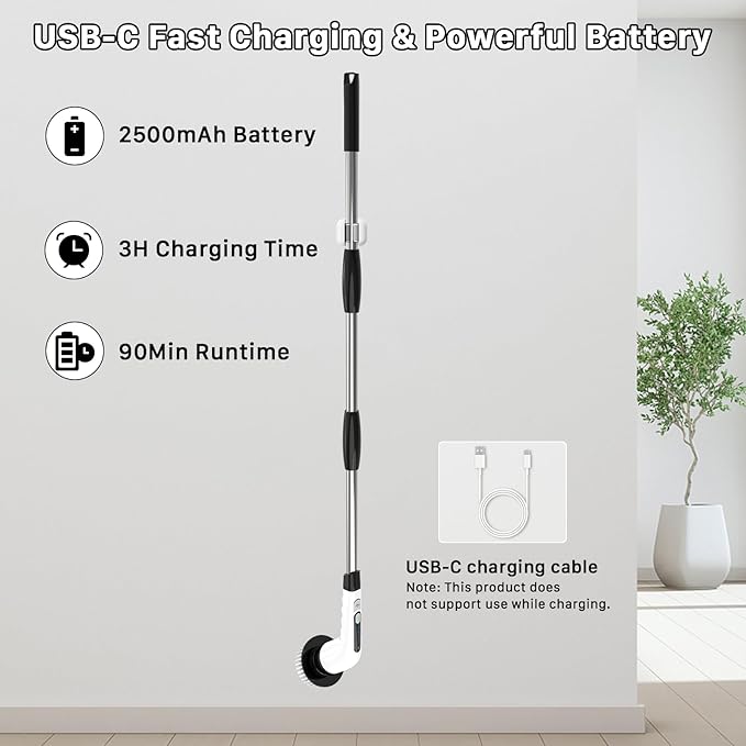 Electric Spin Scrubber Cordless Cleaning Brush Shower Scrubber with 7 Replaceable Brush 2 Speeds and Adjustable Extension Handle for Bathroom Shower Bathtub Glass Car(White)