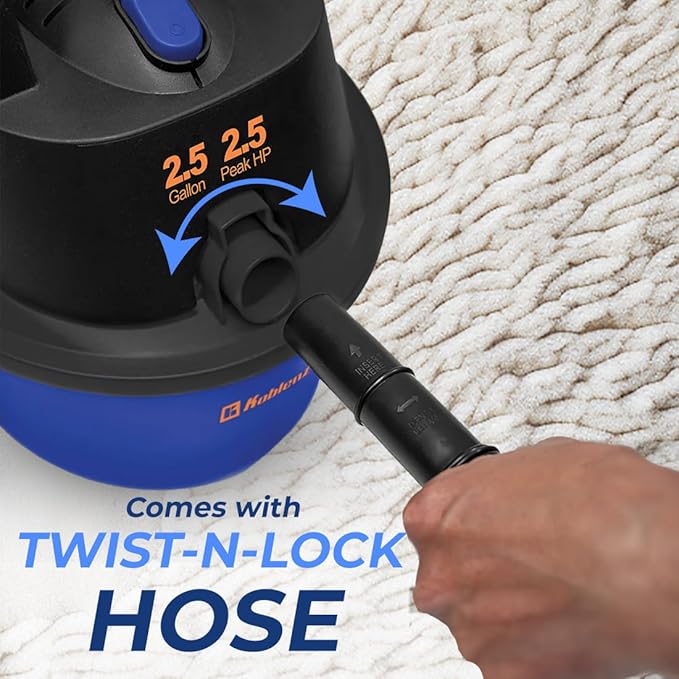 Koblenz WD-2.5L Portable Wet Dry Vacuum 2.5-Gallon 2.5 PHP Suction Plus Blower Vacuum Cleaner for Liquids Dust Pet Hairs 10’ Reach For Car Cleaning Wall-Mount Support Parts Included Blue/Black