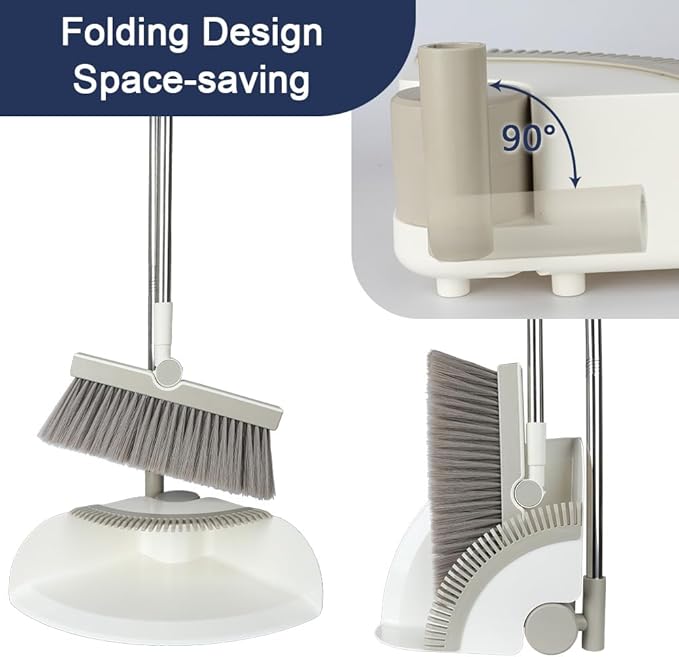 Triangular Indoor Broom and Dustpan Comb Set 180° Rotating Soft Bristle Long Handle Upright Sweeping Angled Broom with Self-Cleaning Teeth for Home Kitchen Office Wood Floor (White Gray)