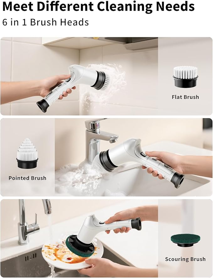 Electric Spin Scrubber Cordless Household Cleaning Brush with 6 Replaceable Heads 3 Speeds LED Display Lightweight Handheld Power Scrubber for Cleaning Stove/Bowl/Sink/Corner/Tile/Grout-White