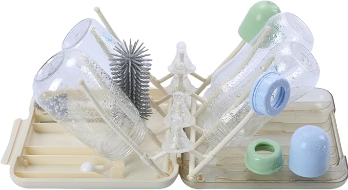 Baby Bottle Scrubber 6-in-1 Bottle Brush Set with Silicone Brush Nipple Cleaner Straw Brush Soap Dispenser Storage Box and Drying Rack Ideal Bottle Cleaner Kit for Home and Travel (Creamy)